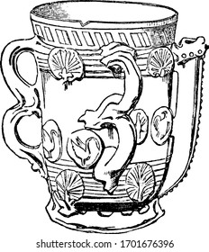 Tyg of Staffordshire ware, its Most were probably used for decoration rather than drinking, vintage line drawing or engraving illustration.