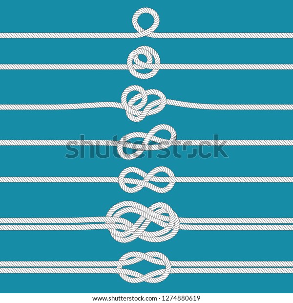 Tying knot. Nautical
tied rope knots, marine ropes and wedding cordage divider. Sailing
twisted rope or sea knot border vector illustration isolated
symbols set