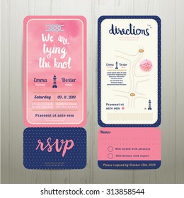 Tying the knot water colour wedding card template set on wood background