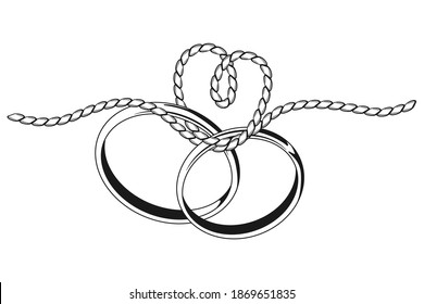 Tying the knot wedding vector black silhouette with two ring and rope isolated on a white background.