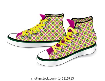 Tying sports shoe from checkered fabric pattern isolated over white background