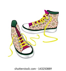 Tying sports shoe from checkered fabric pattern isolated over white background