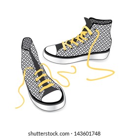 Tying sports shoe from checkered fabric pattern isolated over white background