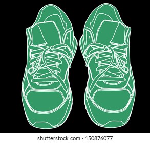Tying sports shoes vector illustration isolated on black background. Pair of green sneakers. Sports wear. Modern foot wear. Elegant equipment for gym and outdoor activity.