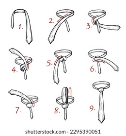 Tying tie knot DIY instruction infographic steps picture arrows line engraved vector illustration. Elegant business male fashion accessory information diagram formal clothes guide. Necktie guidebook