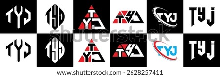 TYJ letter logo design in six style. TYJ polygon, circle, triangle, hexagon, flat and simple style with black and white color variation letter logo set in one artboard. TYJ minimalist and classic logo