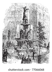 Tyler Davidson Fountain or Genius of Water or The Lady or The Fountain, in Cincinnati, Ohio, USA, during the 1890s, vintage engraving. Old engraved illustration of the Tyler Davidson Fountain.