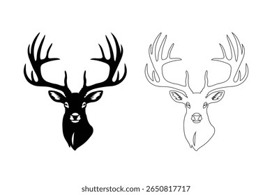 tylized black and white illustration of a majestic deer head with antlers
