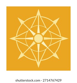 tylized Kompass Rose Symbol mit gelben und orangefarbenen Tönen auf orangefarbenem Hintergrund Schlüsselwörter Kompass, Rose, Navigation, Richtung, Norden, Süden, Osten.