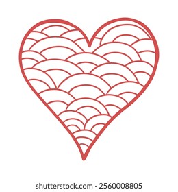 tylized Red Heart Illustration with Wave Patterns. Flat red vector illustration doodle hearts in Japanese style hand drawn. Hearts pattern for Valentine's Day.