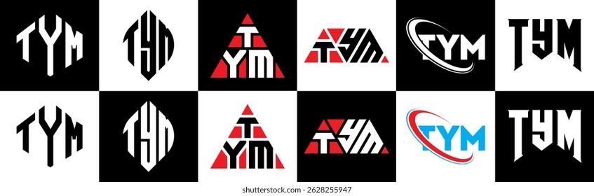 TYM letter logo design in six style. TYM polygon, circle, triangle, hexagon, flat and simple style with black and white color variation letter logo set in one artboard. TYM minimalist and classic logo
