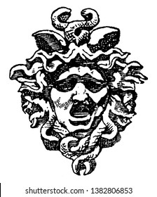 Tympanum Medusa Head is found in the arch of the entrance of the Royal Palace of Tuileries in Paris, vintage line drawing or engraving illustration.