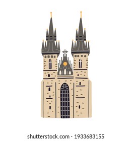 Tyn church in Prague. Old Czech building with black towers and gothic spires. Colored flat vector illustration of medieval European architecture isolated on white background