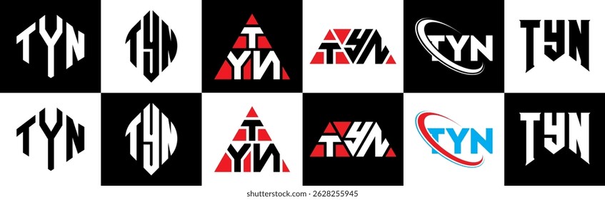 TYN letter logo design in six style. TYN polygon, circle, triangle, hexagon, flat and simple style with black and white color variation letter logo set in one artboard. TYN minimalist and classic logo