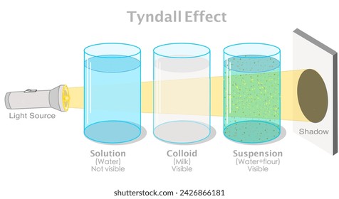 Tyndall effect. Scattering of light by small suspended particles in a colloid, making the light beam visible. Solution water, milk, suspension, flour in glass container. Vector illustration