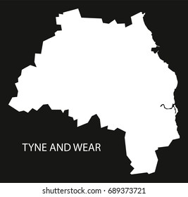Tyne and Wear England UK map black inverted silhouette illustration