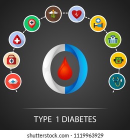 Type 1 diabetes flat icons concept. Vector illustration. Element template for design.