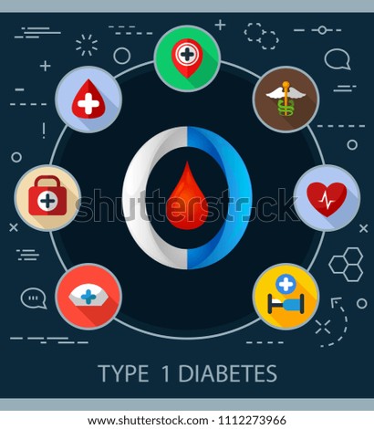 Type 1 diabetes flat icons concept. Vector illustration. Element template for design.