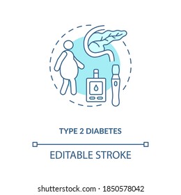 Type 2 Diabetes Concept Icon. Blood Sugar Spike Idea Thin Line Illustration. Increased Thirst, Frequent Urination, Unexplained Weight Loss. Vector Isolated Outline RGB Color Drawing. Editable Stroke