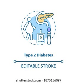 Type 2 diabetes concept icon. Blood sugar spike idea thin line illustration. Insulin resistance. High blood pressure. Insulin relative lack. Vector isolated outline RGB color drawing. Editable stroke