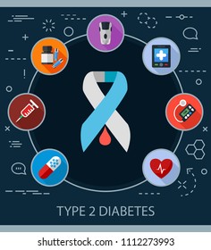 Type 2 diabetes flat icons concept. Vector illustration. Element template for design.