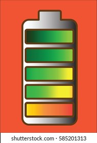 Type AA battery with colorful charge level, gradient, red background, vector