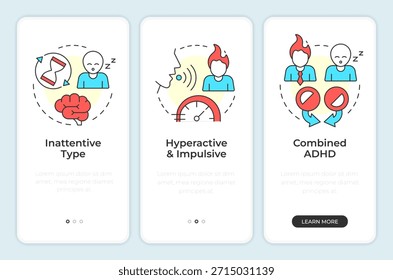 Tipo de tela do aplicativo móvel integrado adhd. Decisões impulsivas. Passo a passo 3 passos instruções gráficas editáveis com conceitos lineares. IU, UX, GUI