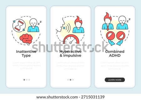 Type of adhd onboarding mobile app screen. Impulsive decisions. Walkthrough 3 steps editable graphic instructions with linear concepts. UI, UX, GUI