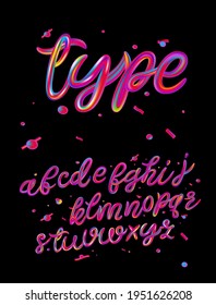 Type  Alphabet set iridescence holographic   multicolor 3d letters isolated black background for poster  flyer  banner  design element  Pink psychedelic color typography  Vector 