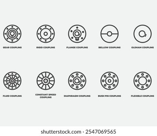 Tipo de Ilustración vectorial de pictograma de repuesto de engranaje de engranaje automotriz colección de contorno de icono. Engranaje de coche aislado en el fondo