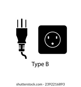 Type B plug and socket vector in silhouette style isolated on a white background. Outlet plug icon.