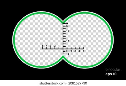 Type of binoculars. Realistic vector illustration with transparent gradient lens. Frames for military, hunting or tourism projects. Two circles with fields of transparency. Measurement scale in the ce