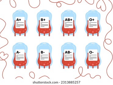 Tipo de concepto de grupo sanguíneo. Envase con líquido rojo para la transfusión. Donación, voluntariado y activismo. Plasma y célula. Colección vectorial plana de dibujos animados aislada en fondo blanco