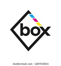 Type BOX and square as symbol of box. Cyan Magenta Yellow and Black color. logo vector. 