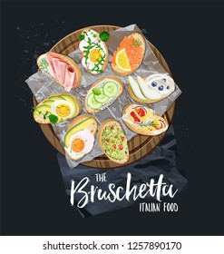 The type of bruschetta on the wooden board. Ingredients for toast bread. Type of bruschetta on the wood board. Isolated. You can use in the menu, in the shop, in the bar, the card or stickers.