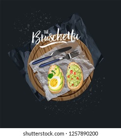 The type of bruschetta on the wooden board. Ingredients for toast bread. Isolated. You can use in the menu, in the shop, in the bar, the card or stickers. Isolated.