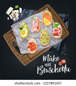 The type of bruschetta on the wooden board. Ingredients for toast bread. Use for the menu, in the shop, in the bar, the card or stickers. Easy to edit.