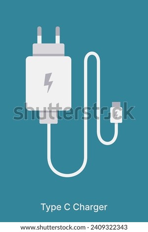 Type C charger vector. Cellphone charger. Flat design mobile charger equipment.