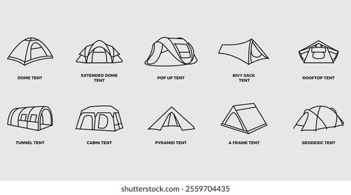 type of camping tent outline icon .various travel tent vector illustration symbol isolated on background