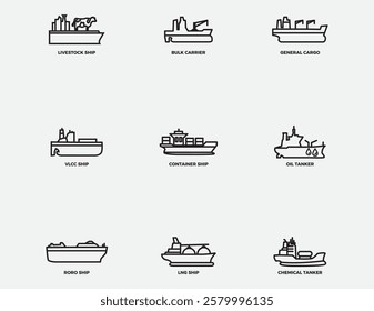 type of cargo ship outline icon .commercial merchant vessel thin line vector icons collection isolated on background