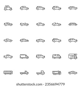 Tipo de iconos de línea de autos establecidos. colección de símbolos de estilo lineal, paquete de signos de contorno. Gráficos vectoriales de autos y vehículos. El juego incluye iconos como modelo de camión volcado, sedan, minivan, hatchback, suv, bus escolar