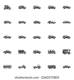 Type of cars  vector icons set, modern solid symbol collection, filled style pictogram pack. Signs logo illustration. Set includes icons as dump truck model, sedan, minivan, hatchback, suv, school bus