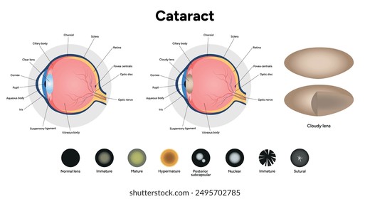 Type cataracts vision disorder problem and vision human anatomy with cloudy lens