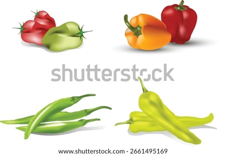 Type of chillies. capsicum, bell pepper, banana pepper, green chilli, habanero
freshness harvesting spice vegie.