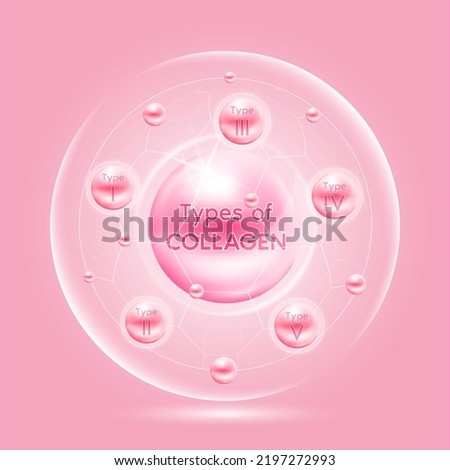 Type of collagen. The five most common types of collagen protein. Main protein created connective tissues, cartilages, bones, nails, skin and hair. Medical and science concept. Vector EPS10.