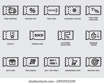 type of coupon discount promotion outline icon collection siolated on background.gift card voucher line art vector