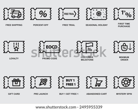 type of coupon discount promotion outline icon collection siolated on background.gift card voucher line art vector