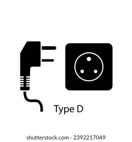 Type D plug and socket vector in silhouette style isolated on a white background. Outlet plug icon.