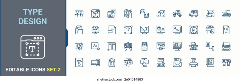 Type Design vector icon set. It contains symbols to pen, type, drawing, creativity, draw, artist and more. Typography icon collection. Minimalist icons pack. Vector illustration in modern line style.