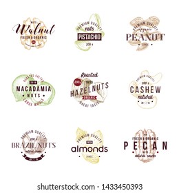 Type designs with different hand drawn edible nuts. 9 unique vector designs in 1 set